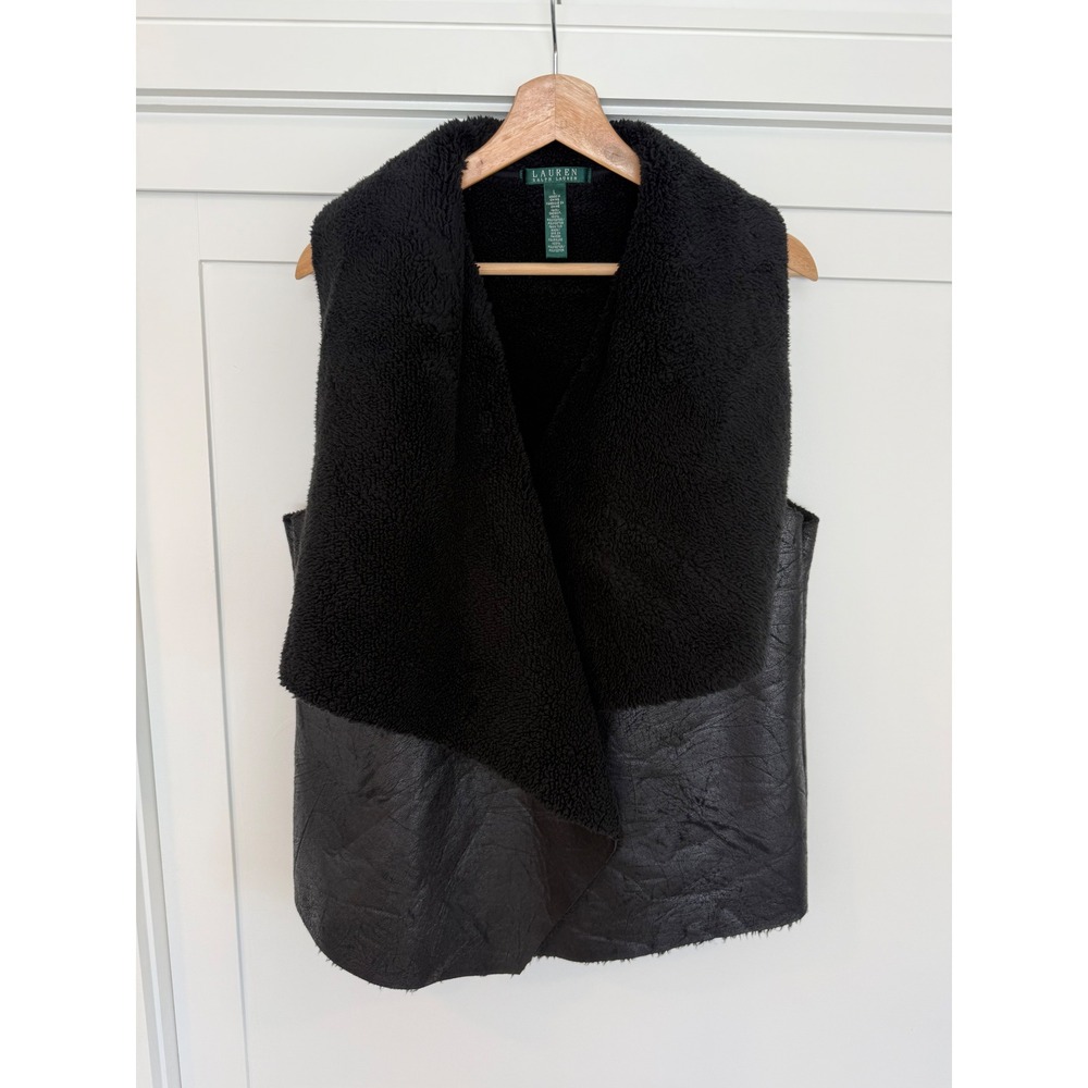 Lauren Ralph Lauren Black Faux Leather Shearling Draped Open Front Vest Large